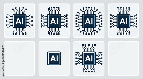 Minimalist black‑and‑white AI microchip icons with circuit lines, symbolizing artificial intelligence hardware evolution, integration, and progressive chip design variations.