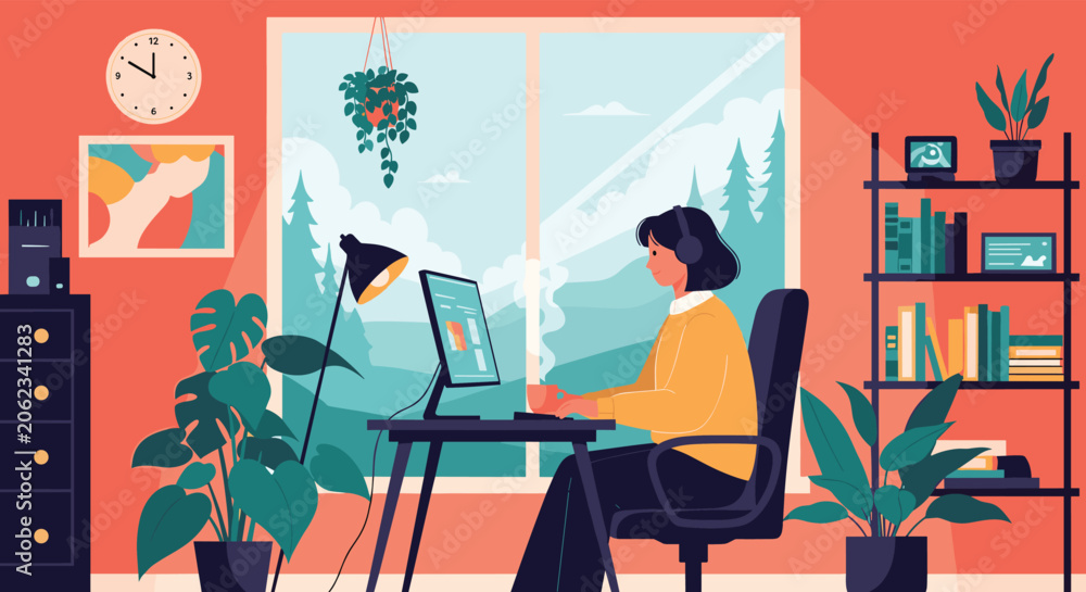 Fototapeta premium Focused woman working on a computer at her home office desk surrounded by green houseplants and a scenic window view.