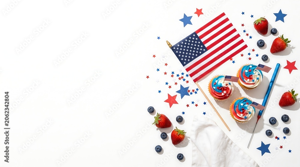 Obraz premium Patriotic 4th of July Celebration Flat Lay with American Flag, Cupcakes, Strawberries, Blueberries and Star Confetti on White Background