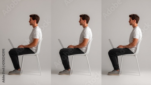 Man demonstrates proper posture while using laptop on chair