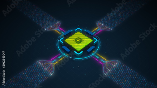 AI Digital Core Handling Neural Network Big Data Flow Visualization Vector Illustration Design