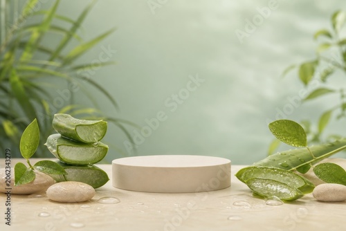 Beige display podium with stacked aloe vera slices, smooth stones, green leaves, and water droplets on a wet surface
