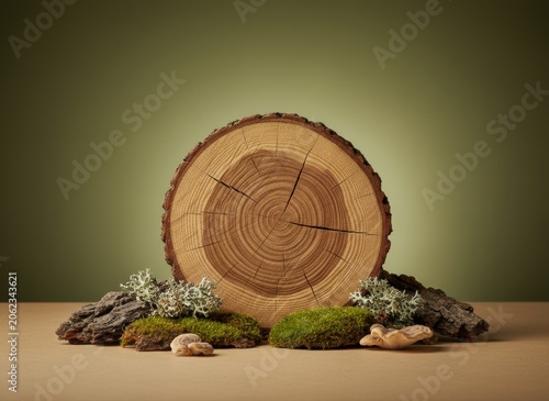 Tree trunk cross section display podium with green moss tree bark and lichen against an olive green background