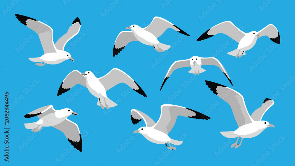 Obraz premium Seagulls Flying Over Bright Blue Sky — Vector Illustration of a Flock in Flight