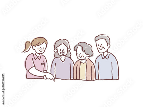 女性介護士が下を指差して高齢者と家族に説明や案内をする人物イラスト
