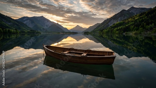 Serene lake scene at sunset with a small wooden boat floating calmly amidst mountains and reflected clouds Untitled-1.eps