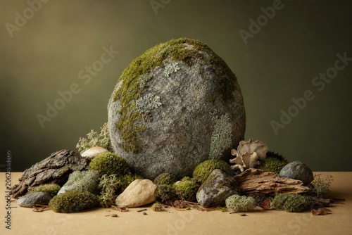 Large mossy stone surrounded by wild mushrooms tree bark dry leaves and smaller rocks against an olive green background