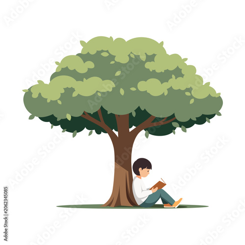 A young boy reads a book while sitting under the shade of a large green tree on a sunny day, conveying a peaceful and studious mood