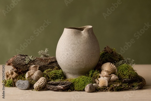 Rustic ceramic vase surrounded by green moss tree bark rocks and mushrooms against an olive green background