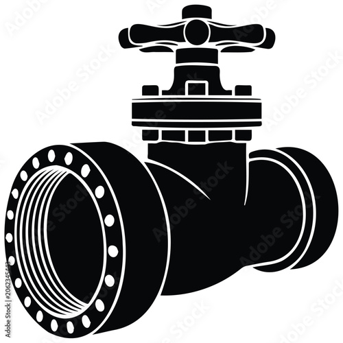Industrial pipe valve vector illustration black and white silhouette.
