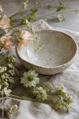 Rustic ceramic bowl with soft pink and white flowers on a textured linen tablecloth