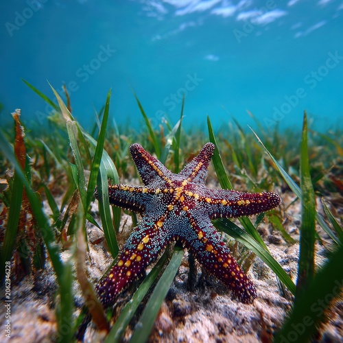 Colorful Starfish on Seagrass Bed in Clear Ocean Water