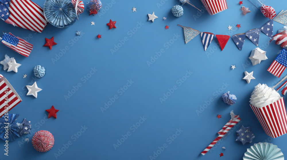 Fototapeta premium Patriotic party decorations on blue background with american flags and stars