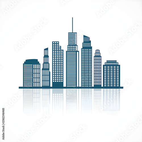 Modern City Skyline Silhouette with Building Reflections Isolated on White Background