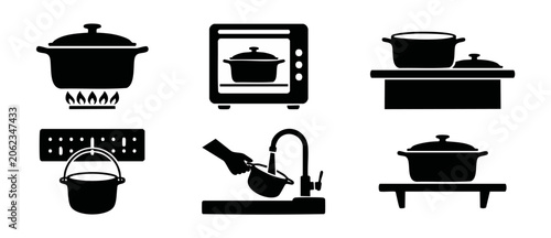 Bild auf Leinwand Cooking pot icon set kitchen silhouettes featuring stove top cooking, oven baking, washing under tap, and hanging storage for web design and culinary infographic assets