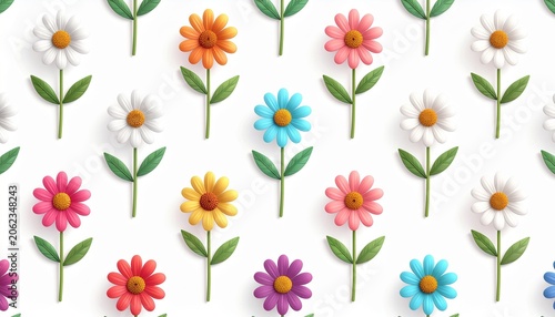 Vibrant seamless pattern of colorful 3D daisy flowers on a white background for spring floral graphic design