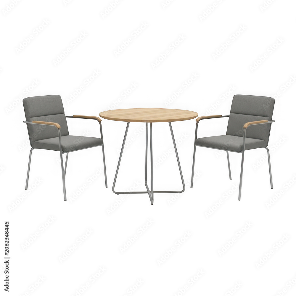 Fototapeta premium Modern round table with gray fabric chairs and metal legs transparent background