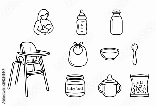 Foto Minimalist baby feeding icon set, 10 line art vector elements for infant nutriti