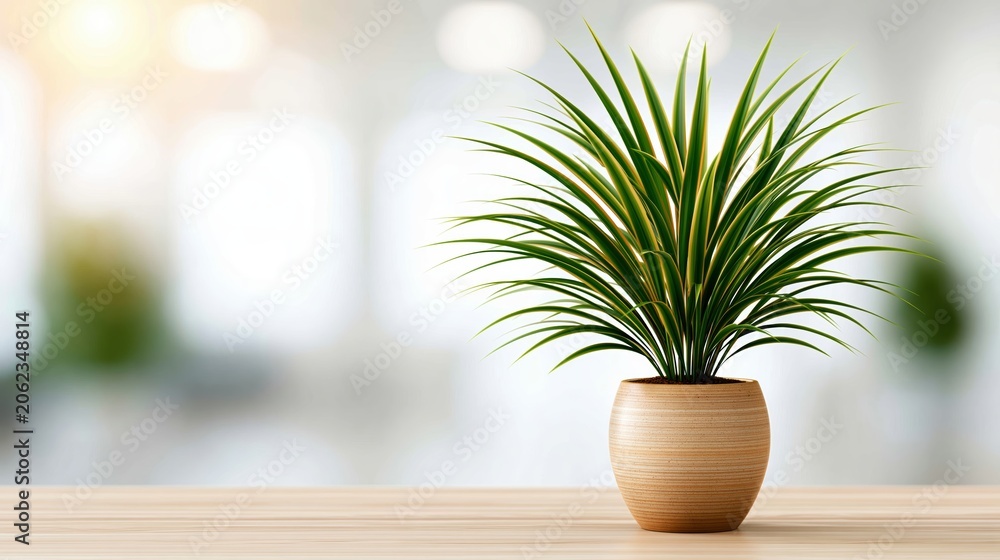 Fototapeta premium Vibrant indoor houseplant in ceramic pot placed on wooden table with bright blurred home interior background lighting