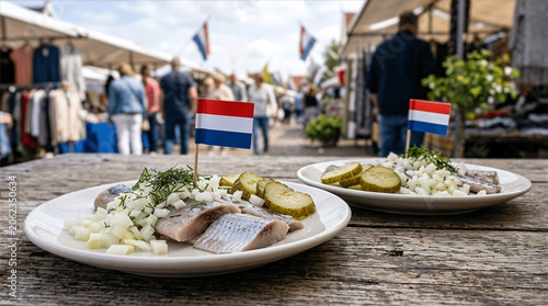 Traditional Dutch Raw Salted Herring Served with Onions and Pickles
