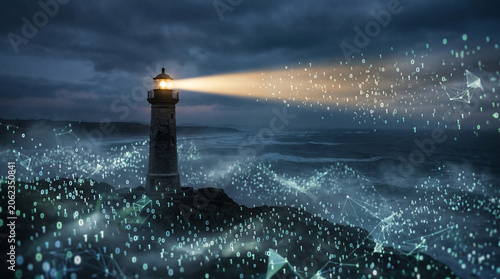 Lighthouse illuminating a sea of digital data