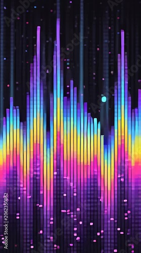 Digital audio equalizer bars displaying sound frequency levels on a dark screen with neon glitch