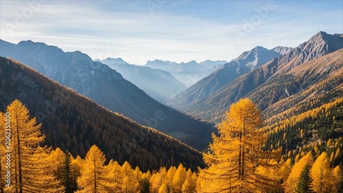 Autumnal Mountain Valley Panorama A breathtaking vista unfolds as golden autumn foliage blankets the slopes of majestic mountains leading the eye into a deep hazy valley under a clear blue sky