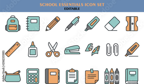 A set of school icons including a backpack, pencil, scissors, calculator, and notebook on a desk.