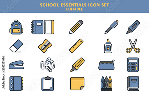 A collection of school supplies icons on a table in a classroom setting with pencils, notebooks, and other educational tools.