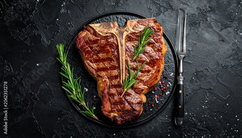 Steak with rosemary on a black background. Top view