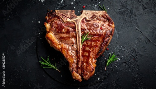 Steak with rosemary on a black background. Top view