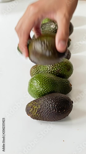 Ripe avocados in row being selected by hand on white background