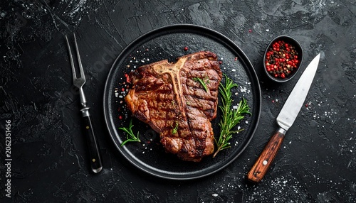 Steak with rosemary on a black background. Top view