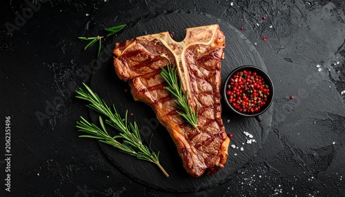 Steak with rosemary on a black background. Top view