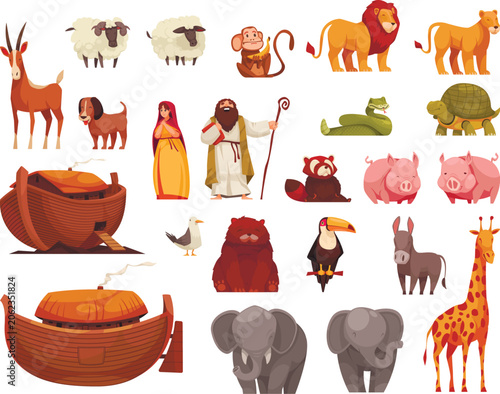 Noah's Ark Cartoon Character Set with Animals and Biblical Elements Vector Collection