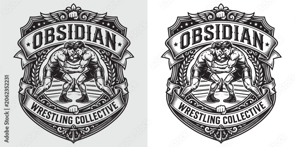 Fototapeta premium Classic Engraved Logo for Obsidian Wrestling Collective with Wrestlers and Ring