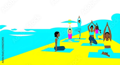 Diverse women practicing yoga outdoors on mats, promoting wellness, mindfulness, and healthy lifestyle in a vibrant illustration.