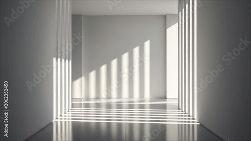 Modern Hallway with Sunlight An abstract minimalist hallway with clean lines and a reflective floor bathed in dramatic shafts of light casting geometric shadows