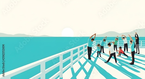 Group of diverse people doing yoga and stretching exercises on a pier by the ocean at sunrise, promoting health and wellness.
