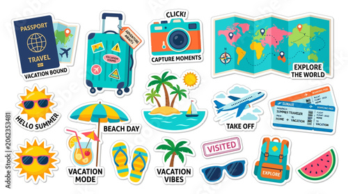 Konstfotografi Travel stickers show vacation mode with luggage and map