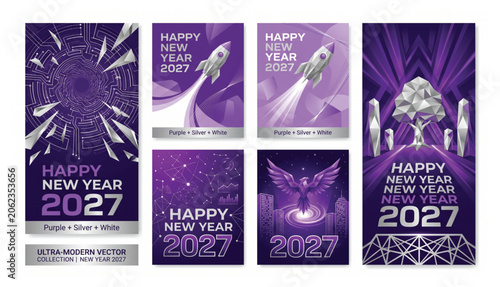 Happy new year 2027 purple and silver vector card collection with rocket and geometric tree elements geometric celebration greeting abstract background template graphics technology