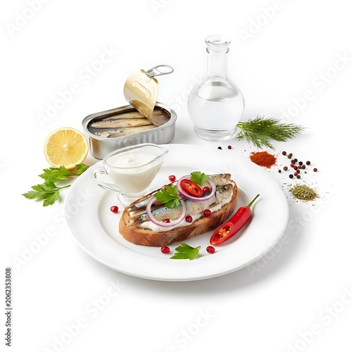 Canned fish appetizer with bread, lemon, onion and spices isolated on white background. Seafood food concept.