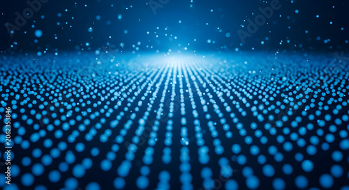 Bright light shines through blue dots in a digital landscape scene