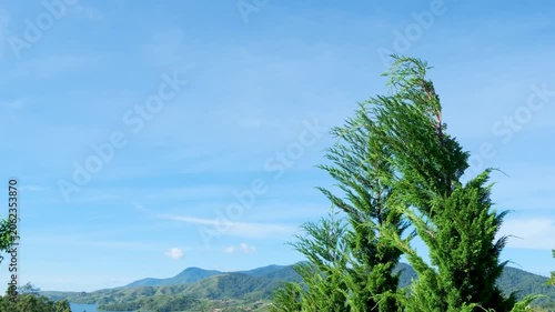 Landscape view of green mountains and twin lakes in Alahan Panjang, Solok, West Sumatra