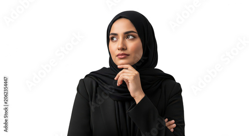 Thinking young woman in black hijab and business suit isolated on transparent background