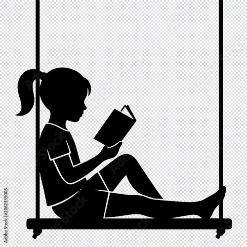 A minimalist black silhouette illustration of a young girl with a ponytail sitting comfortably on a hanging rope swing while engrossed in reading a book, isolated on a transparent grid background.