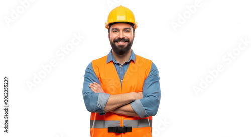 Happy construction worker wearing a yellow hard hat and vest isolated on transparent background
