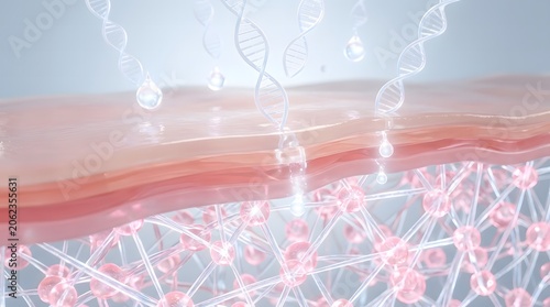 Human skin cross section medical illustration showing DNA helix absorption and colorful ball fibers in a 3d render