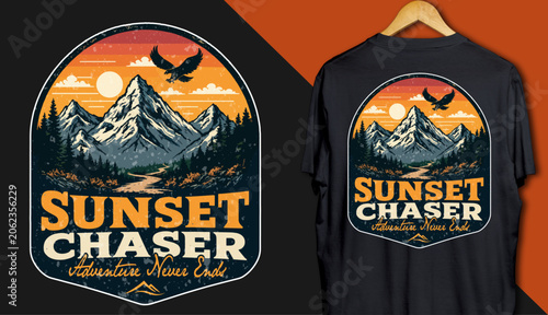 Sunset Chaser Adventure Never Ends Typography T-Shirt Design Vector