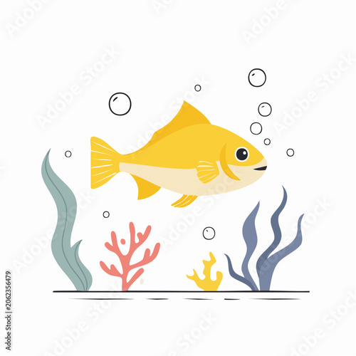 Cute Yellow Fish Swimming Underwater with Bubbles and Coral